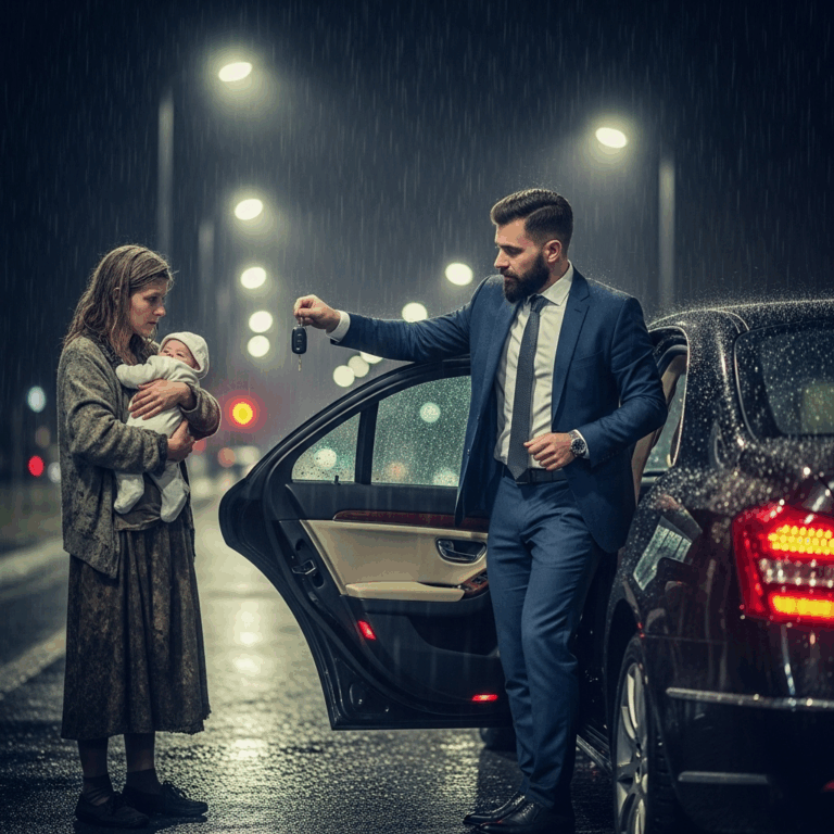 On the way to the airport, a millionaire hands over the keys to his mansion to a drenched beggar with a small child… 5 months later he returns speechless.