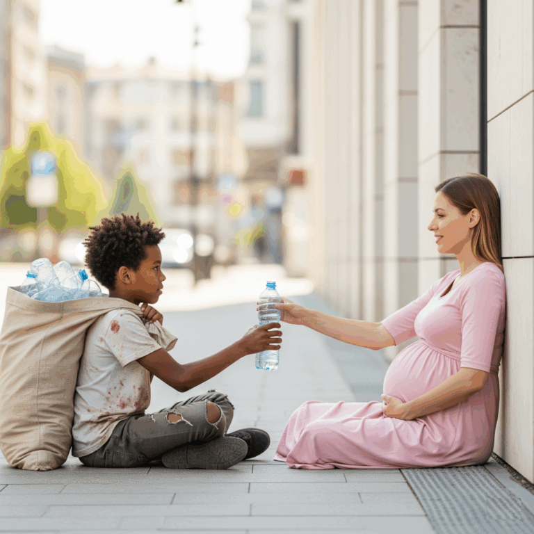 A homeless Black boy sat alone on the sidewalk, his shirt tattered and a sack full of plastic bottles by his side. People passed him without a glance—until a pregnant woman in a pink dress collapsed nearby. While others ignored her, the boy rushed to help. He handed her his only bottle of water. She was a millionaire—and what happened years later shocked everyone.