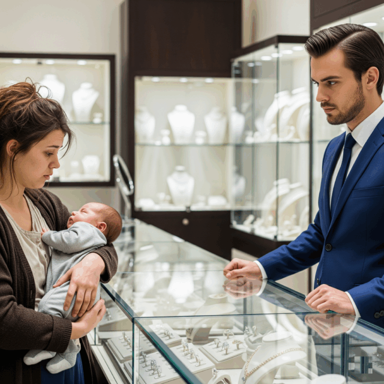 She stood trembling at the jewelry counter, clutching a sleeping baby and a worn velvet ring box. Her eyes, hollow with exhaustion, met the jeweler’s. “I need milk,” she whispered. “Please, just tell me what it’s worth.” But instead of inspecting the ring, the man in the sharp blue suit simply said, “Wait here.” What he did next silenced the entire store.