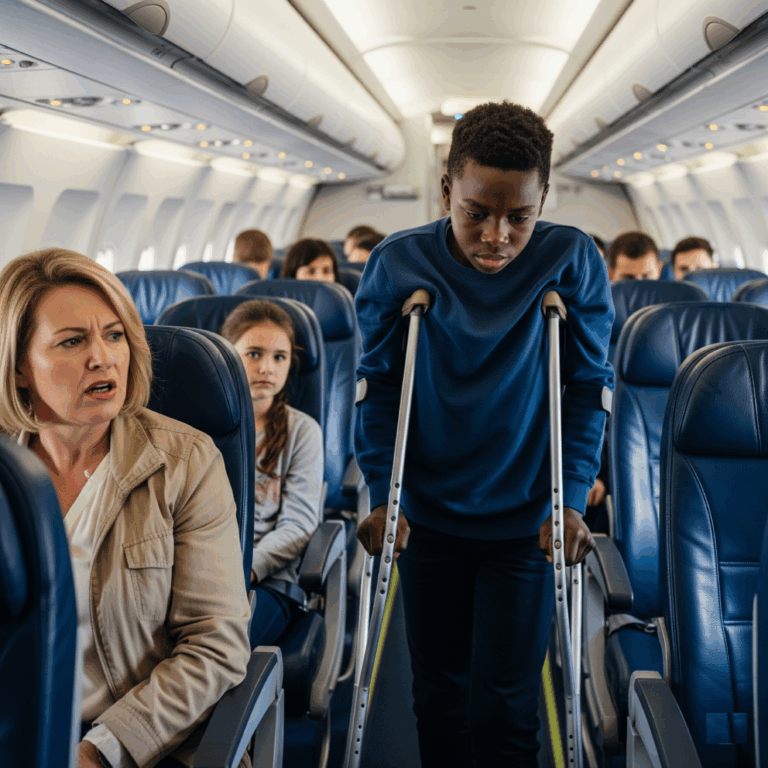 People stared. Some with pity, others with impatience. A boy with crutches clinked down the narrow airplane aisle, holding up the boarding line. A businessman sighed loudly. A teenager whispered, “Hurry up, limpy,” not quietly enough. But no one knew that this slow, awkward boy would soon be the one to save a life — 30,000 feet above the ground.