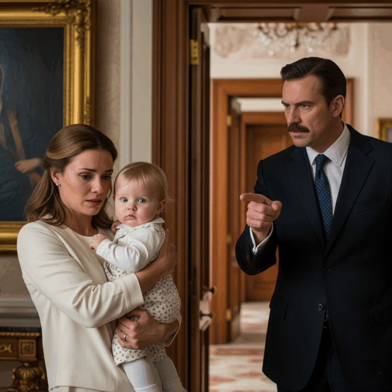 “He is not my son,” declared the millionaire coldly, his voice echoing through the marble hall. “Pack your things and leave. Both of you.” He pointed toward the door. His wife clutched their infant son tightly, tears welling in her eyes. But if only he had known…
