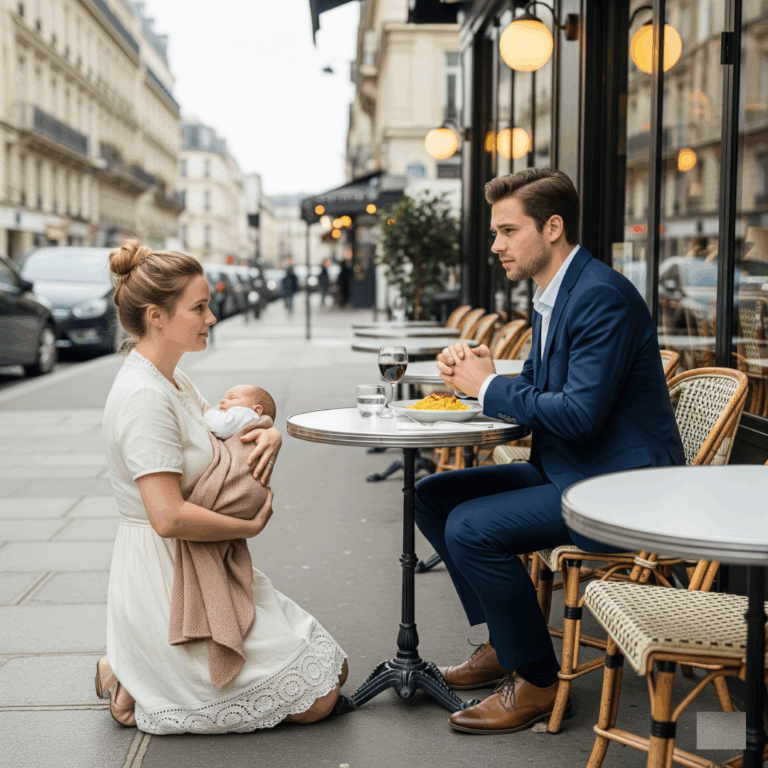She knelt beside his table on the sidewalk, cradling her baby. “Please, I don’t want your money—just a moment of your time.” The man in the suit looked up from his wine, unaware her words would shatter everything he thought he knew.