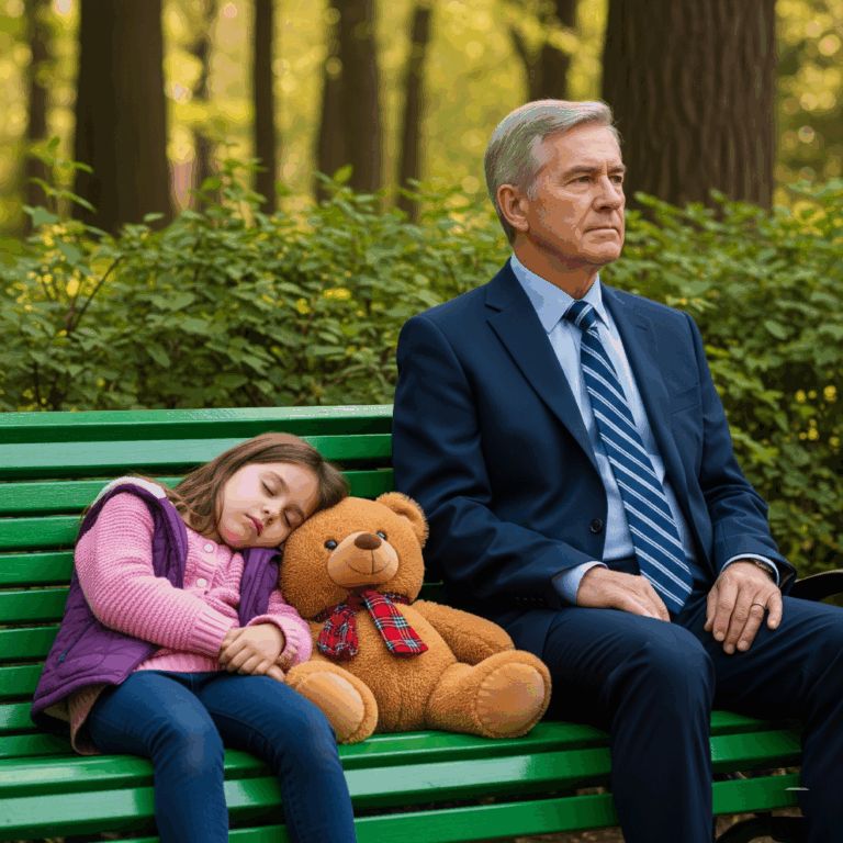 Every night, a little girl curled up on the same park bench with her teddy bear. No pillow, no blanket—just the cold night air. When a wealthy businessman finally stopped to ask why, her answer made him cry.