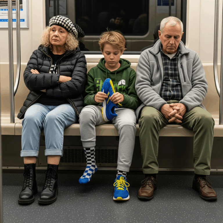 I was on my usual subway ride home, zoning out like everyone else, when a boy got on at the next stop. What stood out wasn’t his backpack or messy hair—it was that he was barefoot, holding one worn-out sneaker and wearing a single mismatched sock.
