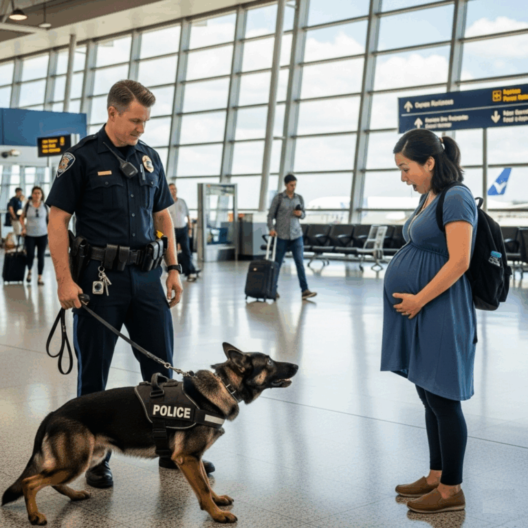 “Why is your dog acting like that?” the pregnant woman asked, her voice quivering as the police dog barked insistently at her belly.