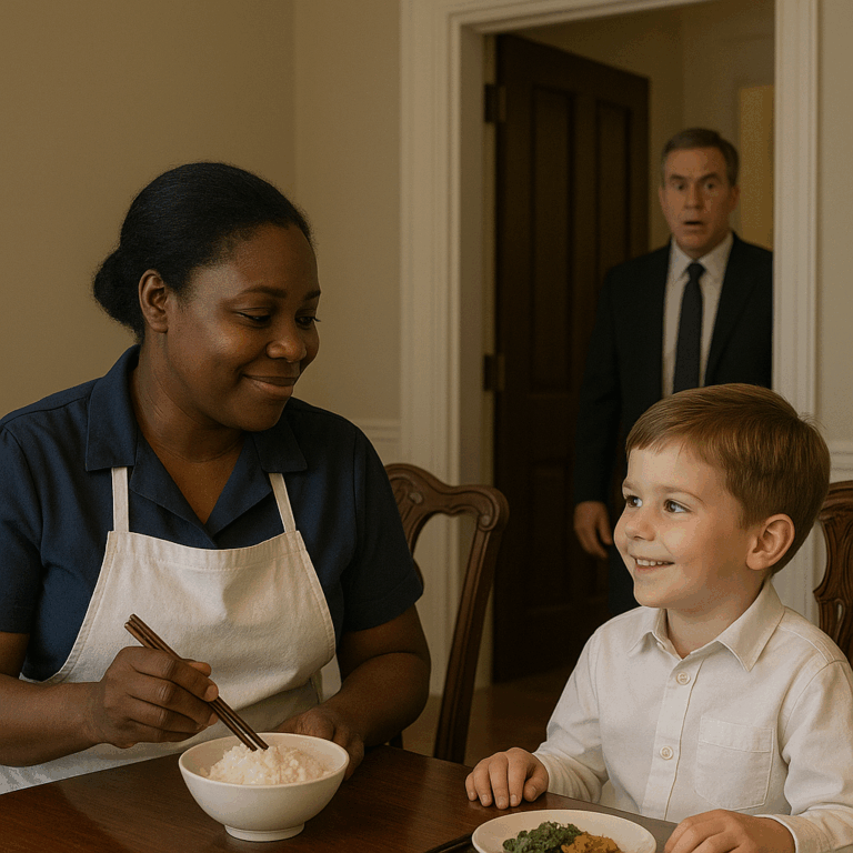 The millionaire returned home and was shocked to find his new black maid and his only son sitting at the table eating together.