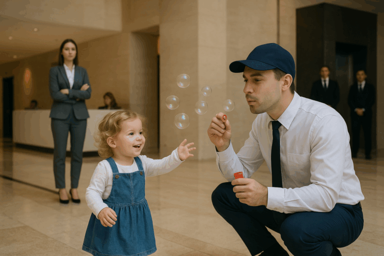 Janitor Comforts Crying Girl with Bubbles – Then Learns Who Her Mother Really Is