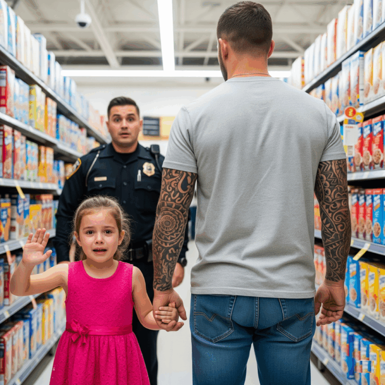 The little girl raised her hand with all five fingers spread — but it wasn’t just a wave. It was a silent plea. A signal only someone trained would understand. The police officer’s eyes widened — and what happened next turned the entire supermarket into chaos.