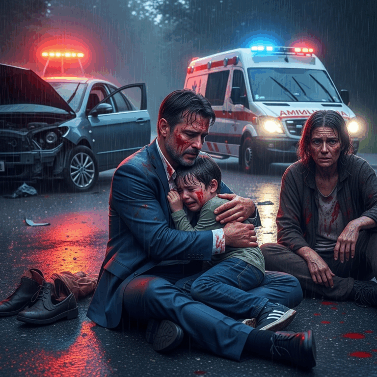 Homeless Girl Saves a Millionaire and His Child from a Rain-Drenched Accident—But One Word He Says to Her Startles Her…