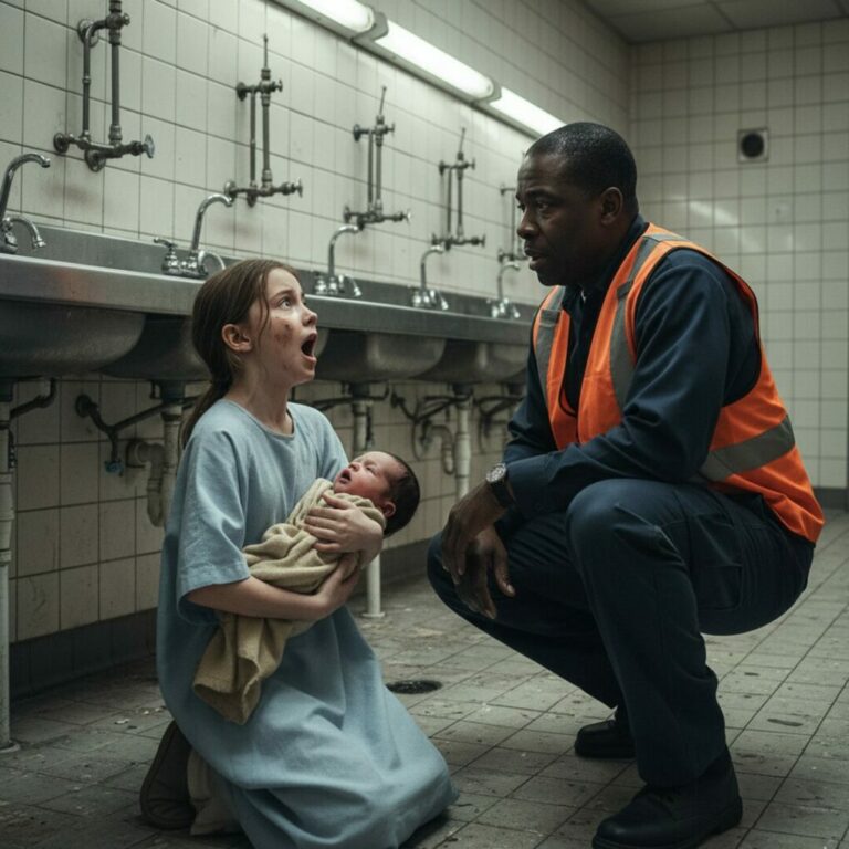 A little girl in a hospital gown ran into the subway bathroom, clutching a newborn in her arms.