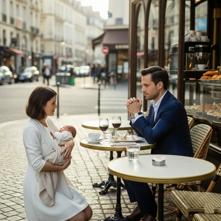 She knelt beside his table on the sidewalk, cradling her baby. Her voice cracked as she whispered, “Please, I don’t want your money—just a moment of your time.”