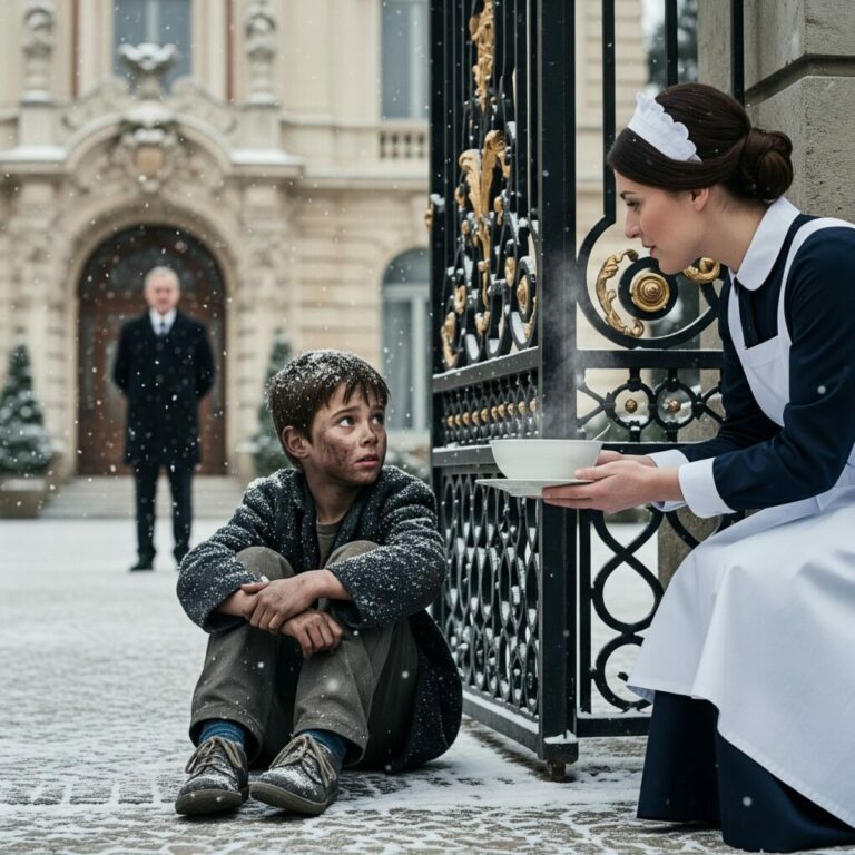 A kind maid saw a small, starving boy shivering outside the mansion gates. Believing her wealthy boss was gone for the day, she risked everything to sneak him into the kitchen and give him a hot meal. But her boss returned home early, her face pale with terror, ready to be fired. …The billionaires’ reaction left her utterly sh0cked, freezing her in place….