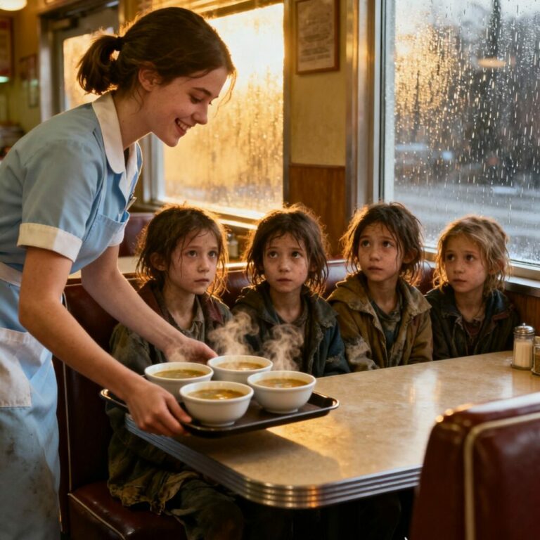 For nearly a decade, a small-town waitress quietly paid for the meals of four orphaned girls — never asking for anything in return. But one snowy evening, twelve years later, a black SUV rolled up to her door…