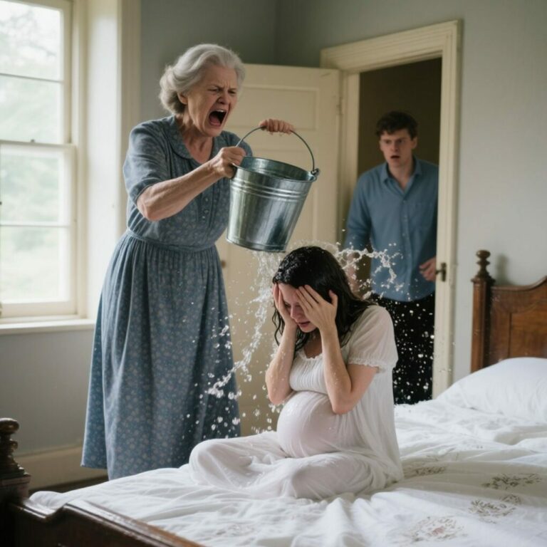 “Wake up, lazybones!”  The sound came a second before the shock. Ice-cold water cascaded down onto Olivia Bennett’s body, soaking her pajamas, her hair, and the bedsheets beneath her. She gasped, sitting upright in confusion and horror. Her hands trembled as she wiped water from her eyes, blinking up at the woman holding an empty metal bucket — her mother-in-law, Eleanor Bennett.