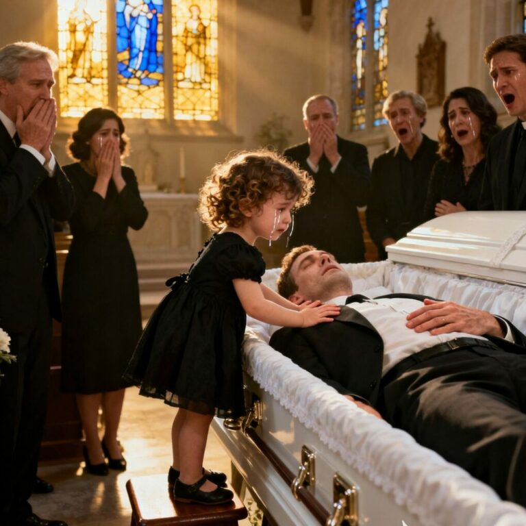 When little Ella Thompson climbed onto the stool beside her father’s casket and whispered, “Papa, it’s time for pancakes,” no one in the chapel could have imagined what would happen next…