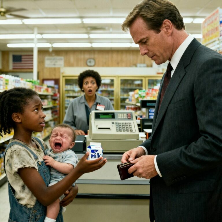 “I promise I’ll repay you when I grow up,” the little Black girl pleaded, her eyes full of tears, clutching a tiny box of milk meant for her baby brother. Her voice trembled as she looked up at the tall man in the expensive suit. The man’s cold reply left the entire store silent.