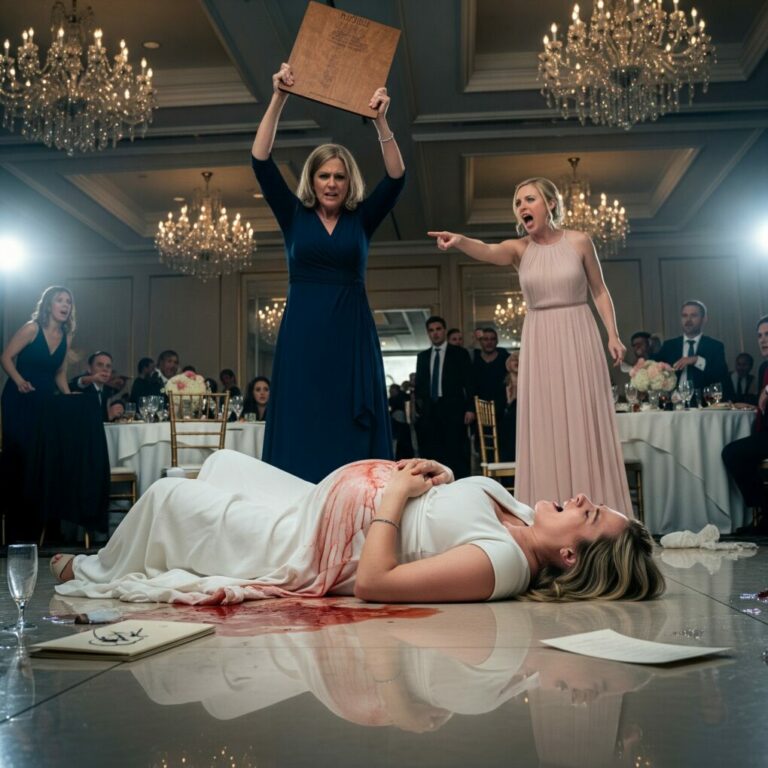 At my brother’s wedding to my husband’s sister, my mom hit me in the head with a wooden menu board in front of 300 guests – and my water broke on the ballroom floor. I was eight months pregnant with twins, clutching my stomach, feeling warm liquid and something far worse spreading under my chair, while my own family stood there arguing about a missing gold bracelet instead of helping me.