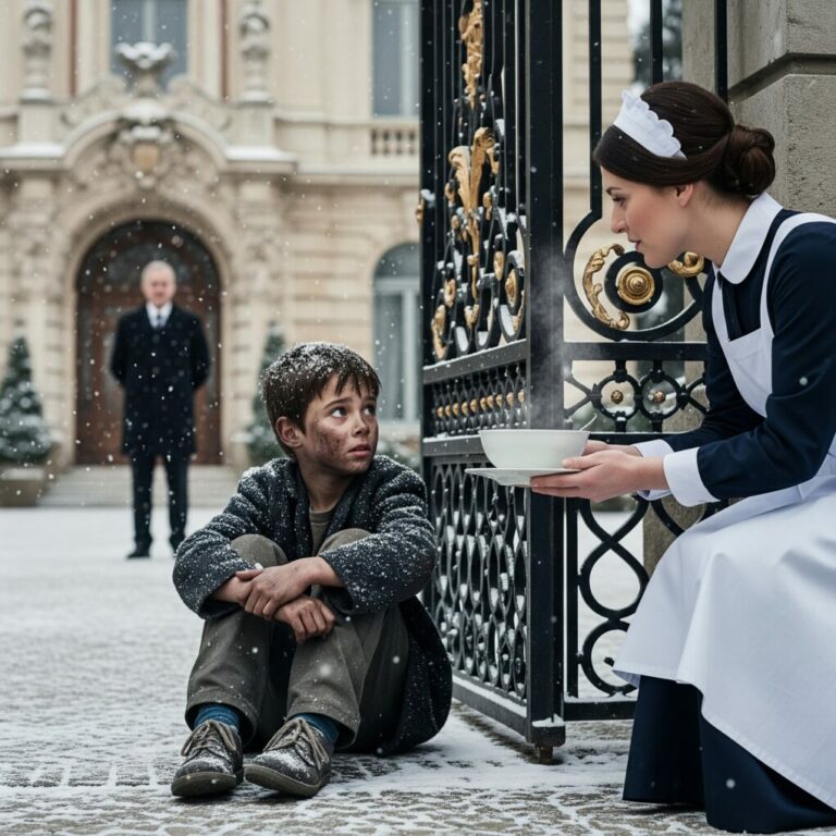 A maid secretly fed a starving boy she found outside the mansion gates — but when her billionaire boss walked in, his reaction stunned her speechless.