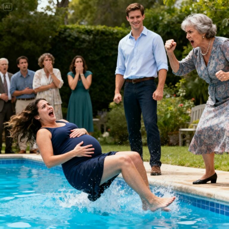 I’ll never forget that moment at my baby shower when I was eight months pregnant. My husband gave his mother the entire $10,000 I had been saving for the delivery. When I tried to stop him, he yelled, “Don’t you dare get in my way!” Then his wicked mother slammed her fist into my swollen belly so hard I toppled backward into the pool. As I sank beneath the water, clutching my stomach, my husband just stood there — laughing. Then, when I looked down at my belly, I froze… completely shocked by what I saw.