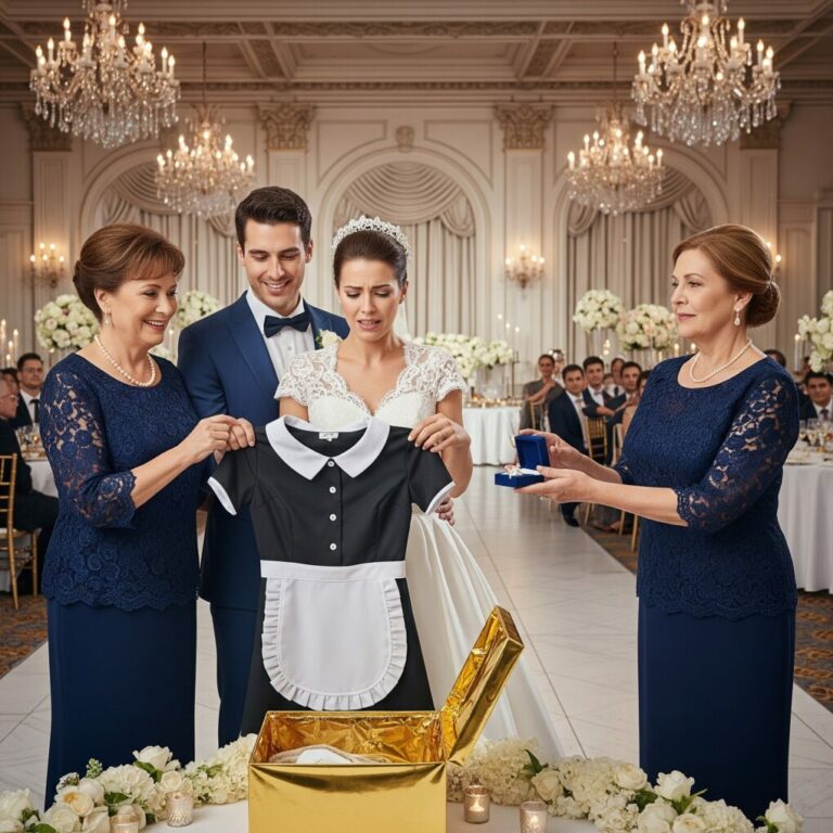 En la boda de mi hija, su suegra le entregó una caja de regalo. Cuando mi hija la abrió, encontró dentro un uniforme de trabajo doméstico. Mi yerno sonrió y comentó: “Justo lo que necesitará en casa.” Los ojos de mi hija se llenaron de lágrimas y comenzó a temblar. Me levanté silenciosamente de mi asiento y dije: “Ahora, veamos el regalo que tengo para ti.” Cuando mi hija abrió mi caja, las expresiones en sus rostros se transformaron en un asombro absoluto.