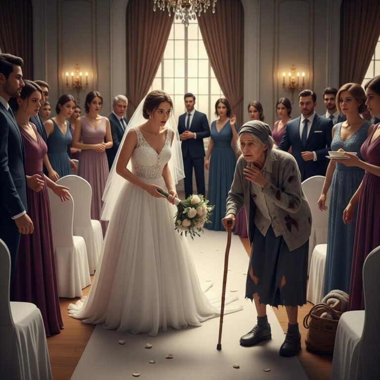 Right in the middle of a luxurious wedding, the bride dropped her bouquet in shock—because the homeless woman everyone wanted to throw out… was her long-lost mother.