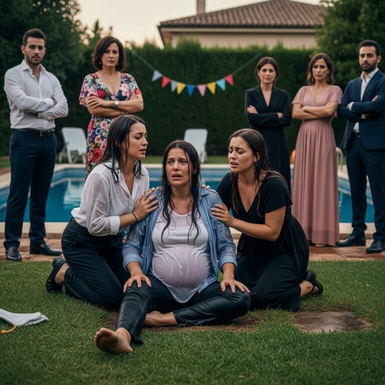 La fiesta del bebé de su hermana gemela terminó en un verdadero horror. Cuando ella se negó a entregar los 18.000 dólares que había ahorrado para su propio hijo, su madre perdió el control: cerró el puño y le golpeó el abdomen de ocho meses de embarazo con una fuerza brutal. El impacto la hizo tambalearse hacia atrás y caer dentro de la piscina. Mientras su cuerpo se hundía bajo la superficie, con la visión nublada y los pulmones ardiendo, escuchó la voz fría de su padre decir: “Déjala ahí, que flote y piense en lo egoísta que es.” Su hermana se echó a reír, sin moverse ni un centímetro. Ninguno dio un paso al frente. Ninguna mano se extendió para ayudarla.