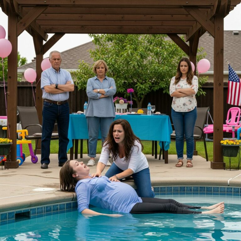 Her twin sister’s baby shower ended in horror. When she refused to hand over the $18,000 she had saved for her own baby, her mother snapped—balling her fist and punching her eight-month-pregnant stomach with shocking force. The impact sent her stumbling backward into the pool. As she slipped beneath the surface, vision blurring and lungs burning, she heard her father’s cold voice say, “Let her float there and think about her selfishness.” Her sister laughed, not moving an inch. Not one of them stepped forward. Not one hand reached out.
