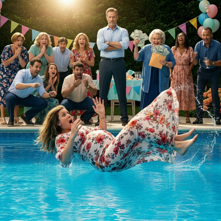 I’ll never forget my baby shower. Eight months pregnant, I watched my husband hand my entire $23,000 delivery fund to his mother in front of everyone. I tried to stop him, but he shouted, and his family sided with him. In the chaos, I lost my balance and fell into the pool. Struggling to stay afloat, I looked down at my belly—and froze.