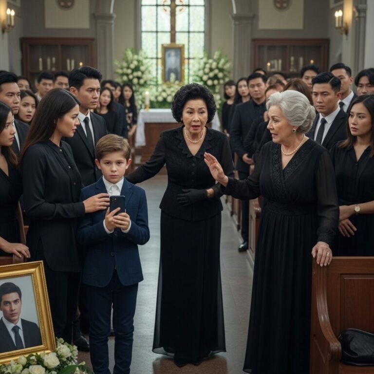 At my husband’s funeral, his mother looked straight at me and said coldly, “Better he’s gone now than forced to live with the embarrassment she brought him.” A few relatives nodded, whispering their approval.  Before I could respond, my eight-year-old son rose from his seat, gripping his dad’s phone with both hands. “Grandma,” he said in a steady voice, “do you want me to play the recording Dad made about you last week?”  Her expression collapsed instantly—the color drained from her face as the entire room fell silent.
