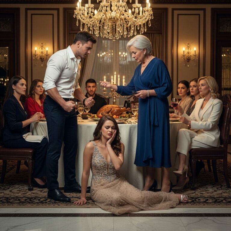 Durante una cena familiar, mi yerno se levantó de repente y abofeteó a mi hija frente a todos. Su madre se rió y aplaudió, diciendo: “Así es como se enseña a una esposa cuál es su lugar.” No reaccioné de inmediato. En cambio, tomé mi teléfono discretamente y hice una llamada. Unas horas más tarde, toda la habitación finalmente comprendió exactamente con quién se habían enfrentado.