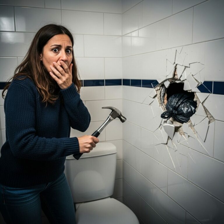 Mientras mi marido no estaba en casa, mi suegro me dijo que tomara un martillo y rompiera la baldosa detrás del inodoro; al hacerlo, descubrí un hueco, y dentro de ese hueco había algo verdaderamente aterrador escondido.