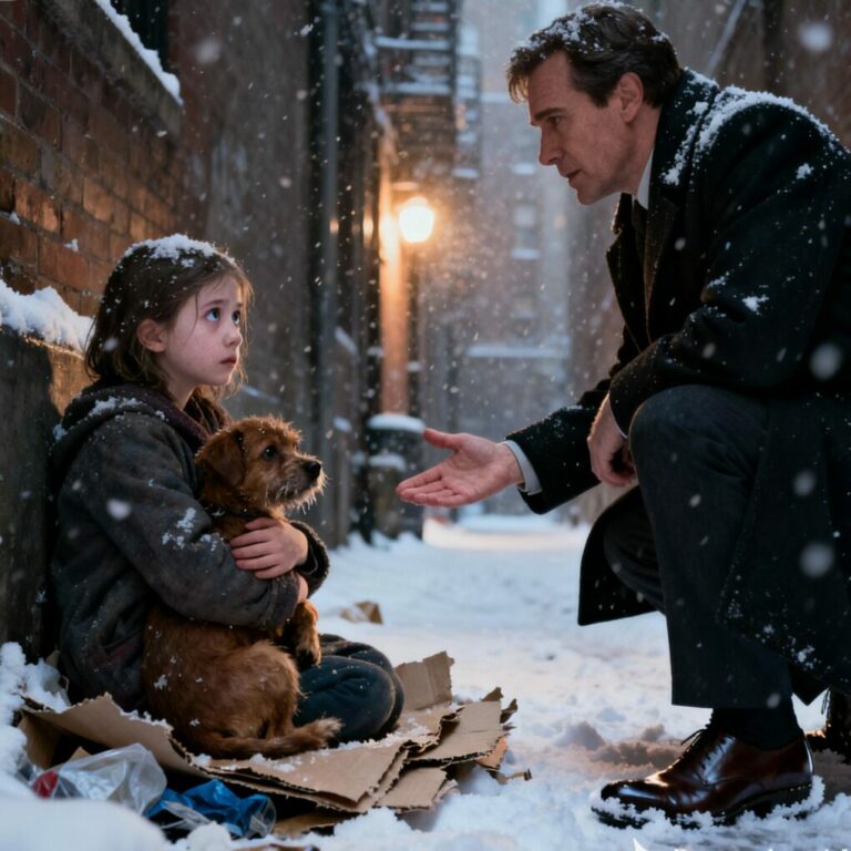 Her lips were blue from the cold, and she hugged the dog tightly as if he were the only warmth left in her life. “Please don’t take my dog,” she whispered. “He’s all I have.”…