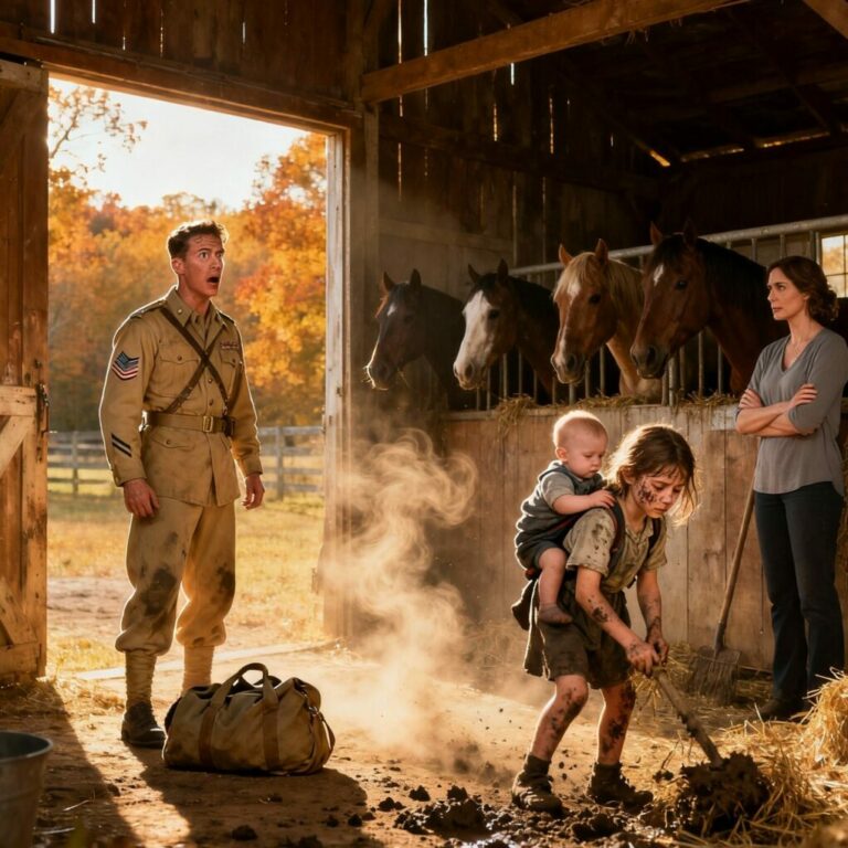 A Soldier Returns Home From War — Only to Find His Daughter Carrying Her Little Brother and Cleaning the Stables While the Stepmother Watches Coldly…