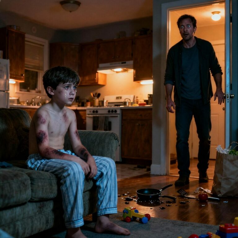 I came home late and froze. My seven-year-old son, Johnny, was covered in bruises from head to toe. I rushed him to the ER, and when he quietly told the doctor what happened, I grabbed my phone and dialed 911.