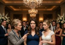 I was eight months pregnant, standing in the middle of my sister-in-law’s wedding reception, when my mother-in-law pointed at me and said, “Search her. She stole the ring.” The music stopped. Every face in the room turned toward me. No one asked if it was true. No one cared that I could barely stand. And in that moment, as hands reached for my dress and my husband looked away, I realized something chilling—this wasn’t just an accusation. It was a trap.