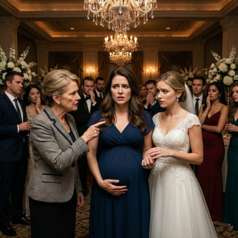 Yo estaba embarazada de ocho meses, de pie en medio de la recepción de la boda de mi cuñada, cuando mi suegra me señaló y dijo en voz alta: «Revísenla. Ella robó el anillo». La música se detuvo de golpe. Todas las miradas en la sala se clavaron en mí. Nadie preguntó si era cierto. A nadie le importó que apenas pudiera mantenerme en pie. Y en ese instante, cuando unas manos empezaron a tirar de mi vestido y mi esposo desvió la mirada, comprendí algo escalofriante: no era solo una acusación. Era una trampa.