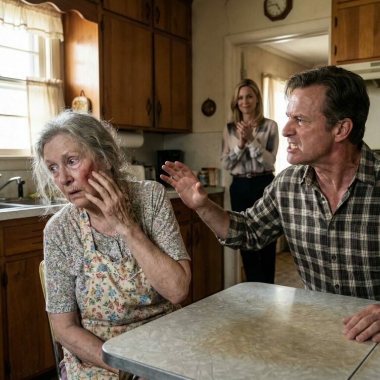 Me negué a entregar el dinero de la venta de la granja a mi hijo. Entonces él me dio una bofetada y gritó: “¡Saquen a esta vieja de aquí!”. Mi nuera aplaudía con satisfacción, como si disfrutara de la escena. Temblando, me retiré a mi habitación sin decir una palabra.  Diez minutos después, el timbre de la puerta sonó. Cuando mi hijo vio quién estaba de pie al otro lado, se derrumbó de rodillas y, entre sollozos, empezó a suplicar perdón…