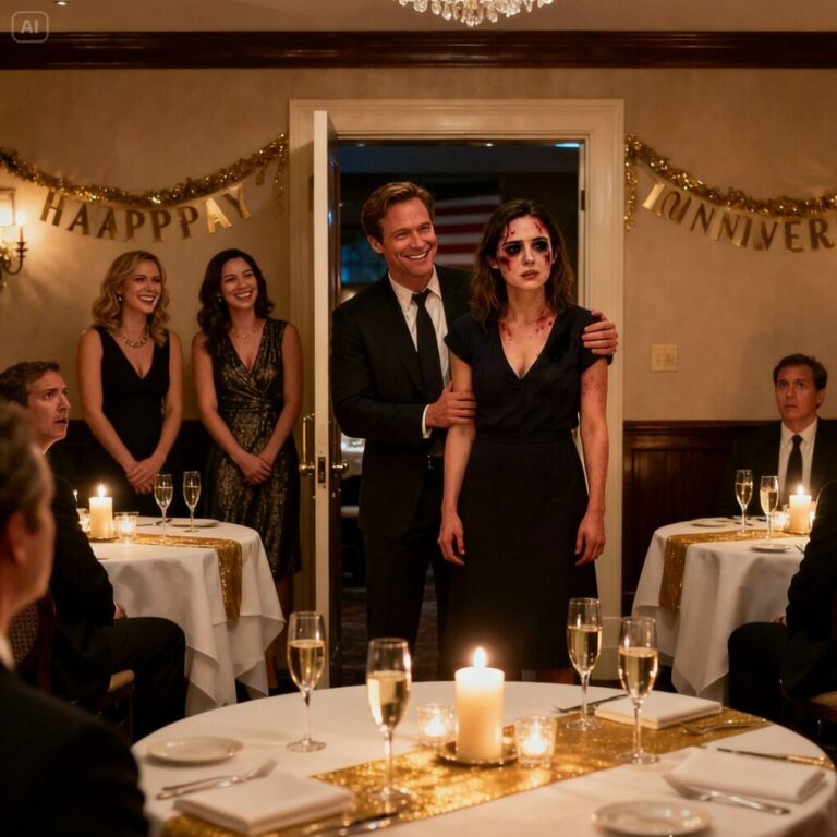 Everyone froze when they saw my bruised face at our anniversary dinner. My husband bragged his sisters ‘taught me respect.’ What he didn’t expect… was my twin sister showing up to teach him a lesson.