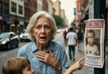 Here is a gripping English hook for the story shown in the image, written from the first-person perspective: “I froze as my grandson pointed at the dusty ‘Missing Child’ poster. ‘Grandma, why is that boy wearing my birthmark?’ he whispered. My heart stopped; the photo was twenty years old, but the resemblance was haunting. When I confronted my daughter-in-law, she drew a kitchen knife and hissed, ‘You were never supposed to look at the walls, Evelyn.’ Now, I’m locked in the cellar, staring at a box of birth certificates that aren’t hers. What did she do to the real mother?