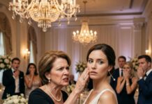 At my sister’s wedding, my mother smiled sweetly and said, “Give her the house as a wedding gift. Hand over the keys to your penthouse.” In front of fifty guests, I said no. She slapped me so hard my earring skidded across the floor. Gasps. Laughter. I walked outside, made one call, and said, “It’s time.” One hour later, a man walked into the reception. My mother froze, then screamed, “Why is he here?” And that was the moment the wedding truly began.