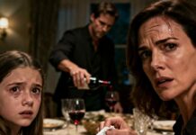 “My hand trembled as I read the crumpled napkin under the table. ‘Mom, don’t scream. Pretend you’re sick and LEAVE NOW,’ my 10-year-old whispered, her eyes fixed on my husband—a man I thought I knew for twelve years. I stumbled out, heart racing, only to check the GPS tracker she’d hidden in my pocket. ‘He’s not who he says he is, Mom…’ she sobbed over the phone. I looked back at the house, and that’s when I saw it