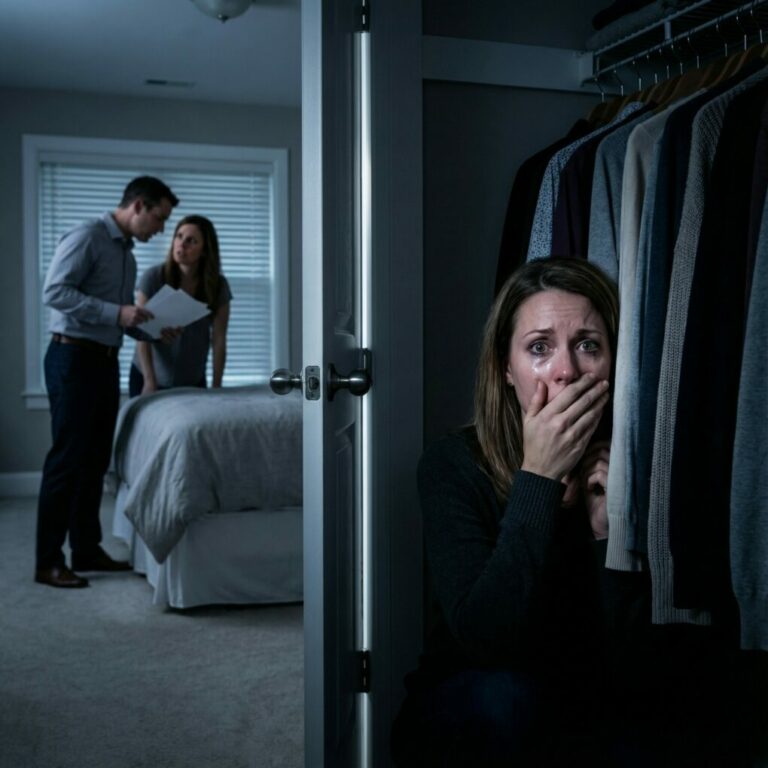 I heard voices in our bedroom and hid in the closet. My husband walked in with her, holding papers. She whispered, ‘What’s your plan?’ He laughed, ‘2 million when she dies. Accident on the stairs. I’ve already made her…