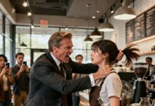 He grabbed my hair and screamed, ‘You’re nothing but a waitress!’ The café froze. Phones were recording. My knees shook, but I didn’t beg. Then the door opened behind him. A calm voice said, ‘Let her go.’ The man turned pale. Because in that moment, he realized the woman he humiliated wasn’t powerless at all. And his life was about to collapse. People always think they know who you are by the uniform you wear. That lesson nearly broke me.