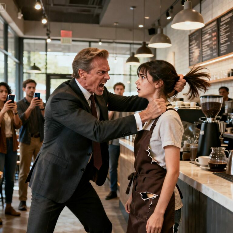 He grabbed my hair and screamed, ‘You’re nothing but a waitress!’ The café froze. Phones were recording. My knees shook, but I didn’t beg. Then the door opened behind him. A calm voice said, ‘Let her go.’ The man turned pale. Because in that moment, he realized the woman he humiliated wasn’t powerless at all. And his life was about to collapse. People always think they know who you are by the uniform you wear. That lesson nearly broke me.