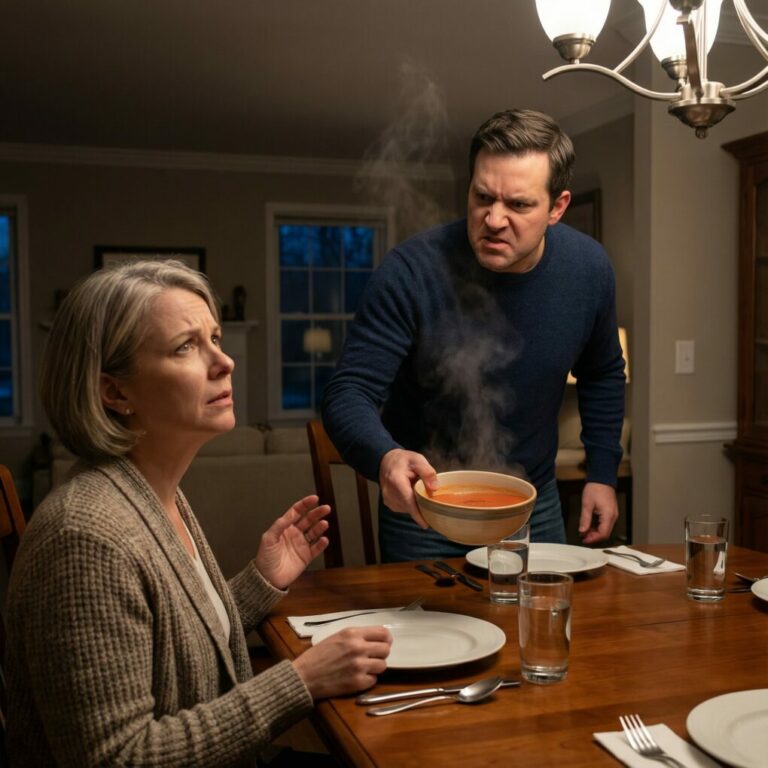 Durante la cena familiar, mi hijo me echó sopa caliente sobre la cabeza y se rió. Luego dijo: —Tienes diez minutos para largarte de aquí.  Me limpié la cara con calma, saqué unos documentos de mi bolso, los puse sobre la mesa y respondí serenamente: —Tienes razón. Diez minutos… y entonces todo lo que crees que te pertenece desaparecerá.