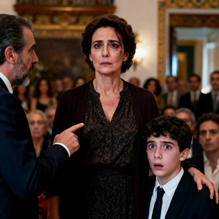 Nunca pensé que el golpe vendría en el cumpleaños de mi propio hijo. Sonrió, levantó su copa y dijo: “Es solo la empleada de la casa. La dejamos quedarse por lástima, es buena con el trapeador.” Yo me quedé inmóvil, tragándome la vergüenza. Entonces su jefe frunció el ceño y preguntó: “¿Seguro? Yo a ella la conozco…” En ese segundo, todo empezó a romperse.