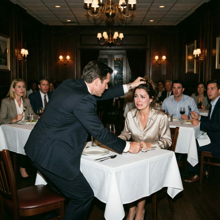 At a fancy dinner, my son-in-law yanked my daughter’s hair because she ordered the “wrong” wine. His father clapped and said, “She needs to know her place.” My daughter wept silently, too scared to move. I stood up, my years of keeping the peace shattering. I didn’t scream. Instead, I did something that silenced the entire restaurant and ended his control forever….