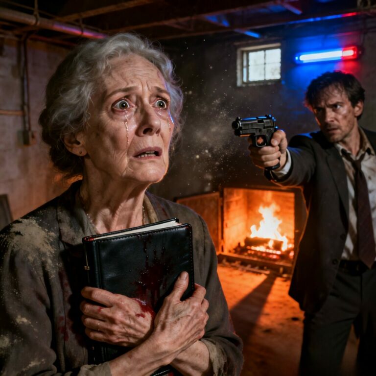 I watched my own heirloom necklace shimmer on the news, sealed inside a blood-stained evidence bag. My heart hammered against my ribs when my daughter-in-law’s text flashed: ‘Whatever happens, don’t open the door.’ Too late. Blue and red lights flooded my walls as a voice boomed over the megaphone: ‘We know what’s in the basement, Martha!’ My breath hitched. I don’t even have a basement…