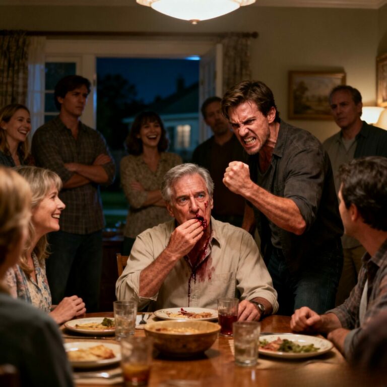 Before dinner even started, my son punched me straight in the mouth. Blood filled my lips as he laughed, “Now you’ll have less, you piece of trash.” My family laughed with him. No one helped. I wiped the blood away and stayed silent. They thought it was over. They had no idea what I would do by the end of that night—and why no one would be laughing anymore.