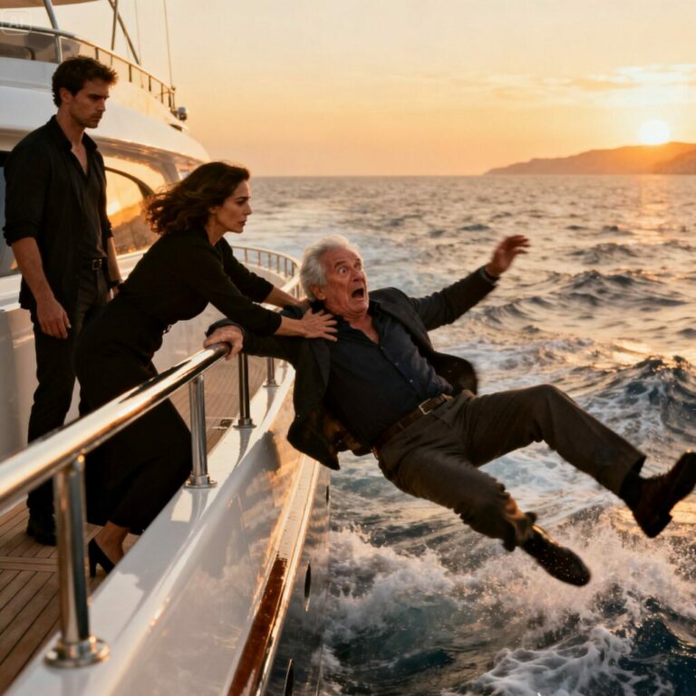 “Say hi to the sharks,” my daughter-in-law whispered—right before she shoved me off the yacht. I saw my son’s smile above the waves, cold and hungry for my three-billion-dollar fortune. As the ocean swallowed me, I swore they’d regret it. Hours later, when they came home laughing… I was already sitting in their living room. And I had a special gift waiting.